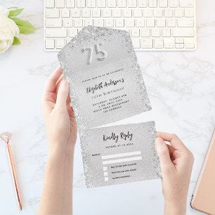 75th birthday silver glitter birthday rsvp all in one invitation