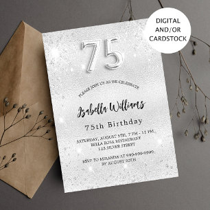 75th birthday silver glitter elegant invitation