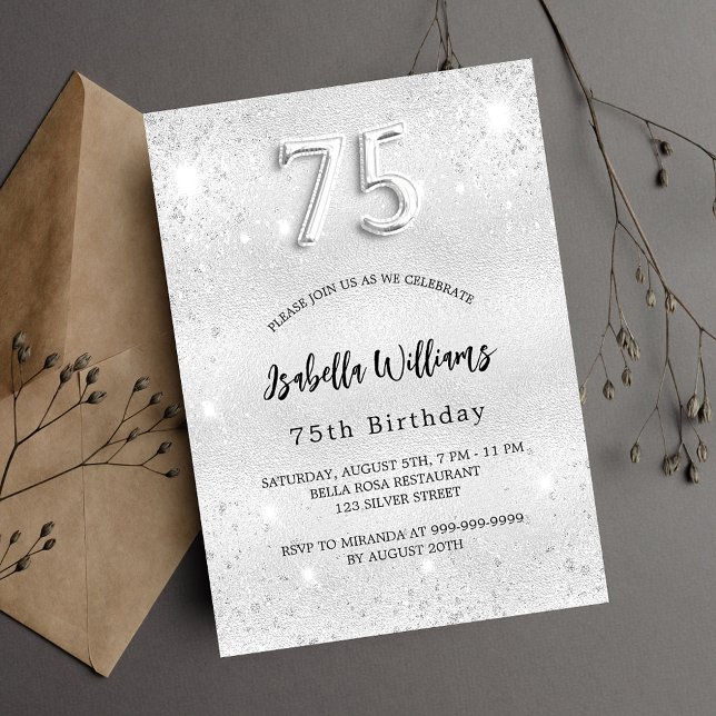 75th birthday silver glitter elegant invitation postcard (Creator Uploaded)