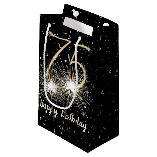 75th Birthday Sparkler On Black Small Gift Bag (Front Angled)
