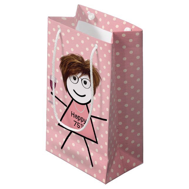 75th Birthday Stick Girl On Polka Dots Small Gift Bag (Front Angled)