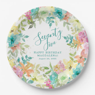 75th Birthday Summer Watercolor Floral Custom Paper Plate