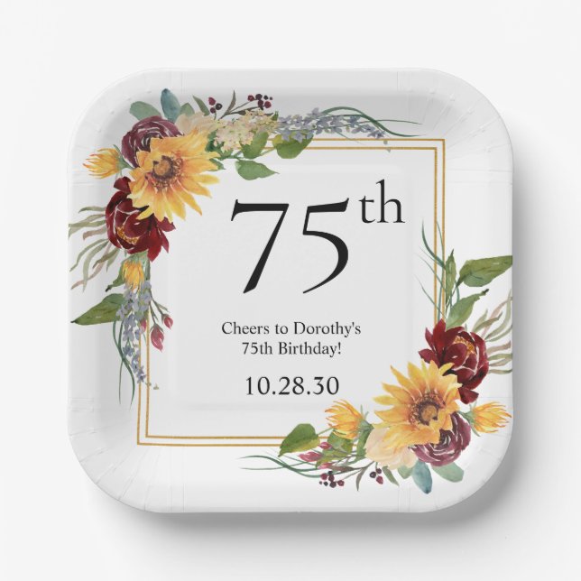 75th Birthday Sunflowers Paper Plate (Front)