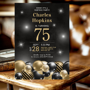 75th Birthday Surprise Party Black Gold Balloons Invitation