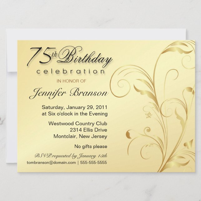 75th Birthday Surprise Party - Gold Floral - Large Invitation (Front)