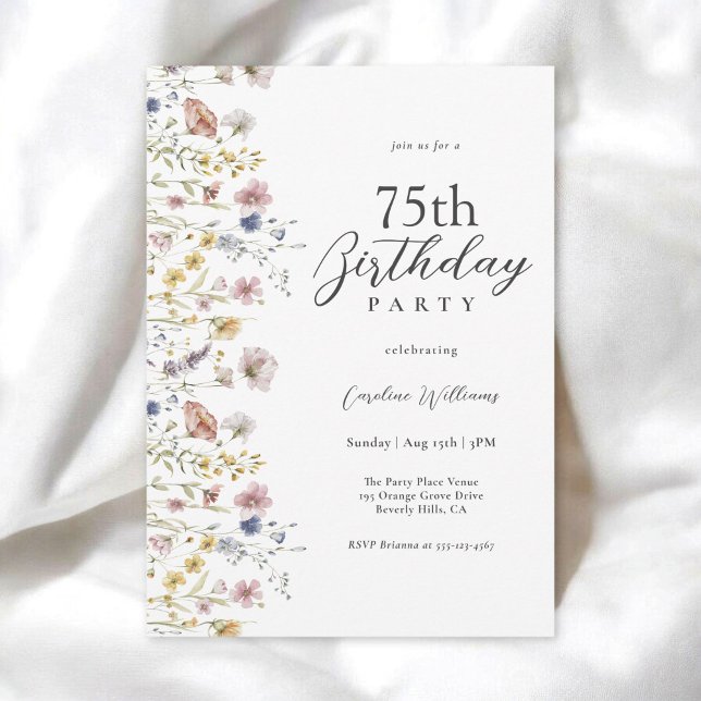 75th Birthday Watercolor Wildflowers Floral  Invitation (Available in both printed and instant download digital formats.)
