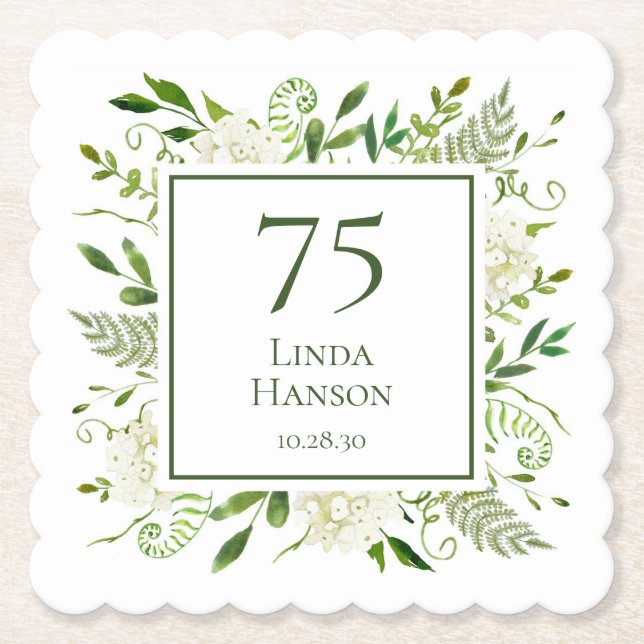 75th Birthday White Hydrangeas Paper Coaster (Front)