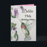 75th Birthday Wishes Hummingbird Garden Card<br><div class="desc">Celebrate her 75th birthday with an elegant hummingbird design on a charming greeting card. Created from my original watercolour painting, the lovely little bird and flower image will brighten the day for birdwatchers, gardeners and nature lovers. The special woman in your life will love the pastel colors of cream, pink...</div>