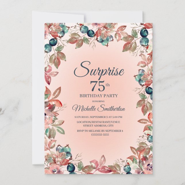 75th Birthday Women Pink Teal Floral Leaves Invitation (Front)