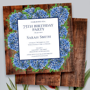 75th Birthday Wood Blue Hydrangeas Rustic Party Invitation