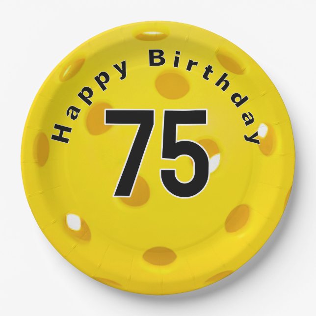 75th Birthday Yellow Pickleball Paper Plate (Front)