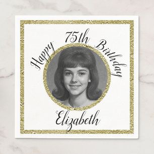 75th Custom Photo White and Gold Birthday Napkin