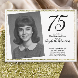 75th Custom Photo White and Gold Invitation