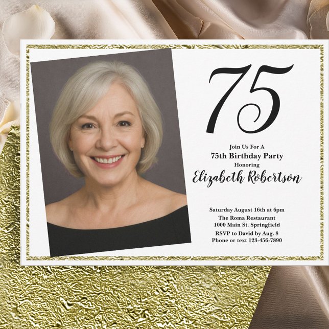 75th Custom Photo White and Gold  Invitation (Creator Uploaded)