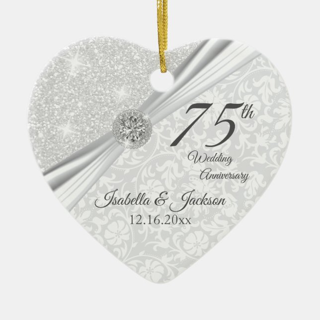 75th Diamond Wedding Anniversary Ceramic Tree Decoration (Front)