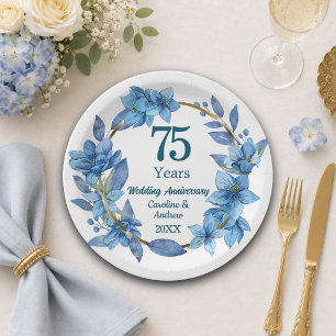 75th Elegant Blue Floral Wedding Anniversary Paper Plate