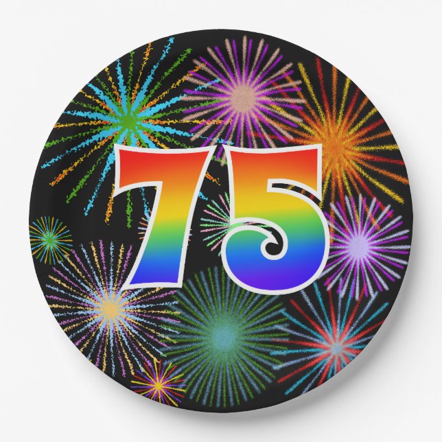 75th Event - Fun, Colourful, Bold, Rainbow 75 Paper Plate (Front)