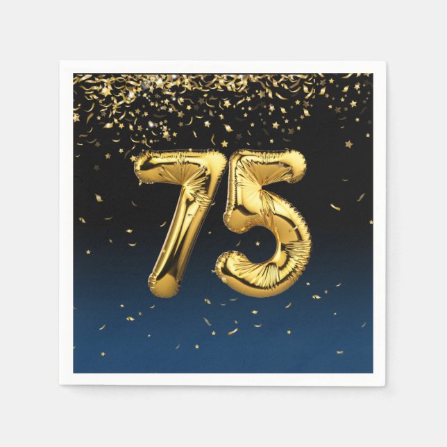 75th Gold Party Balloons and Confetti Napkins (Front)