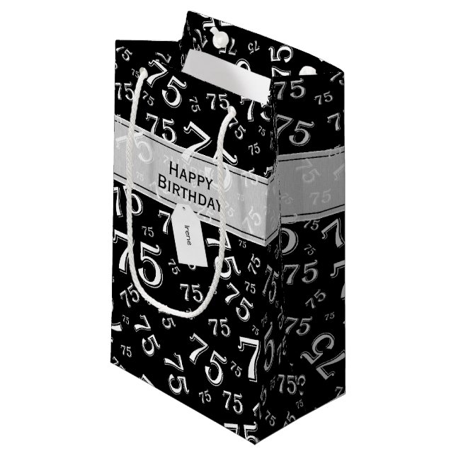 75th Happy Birthday Black/White Number Pattern Small Gift Bag (Front Angled)