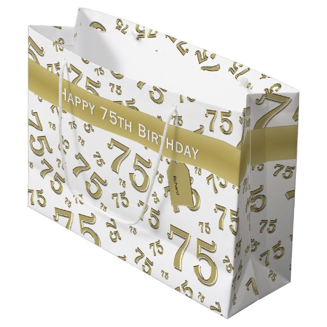75th Happy Birthday Gold/White Number Pattern Large Gift Bag (Front Angled)