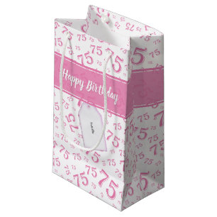 75th Happy Birthday Pink/White Number Pattern Small Gift Bag
