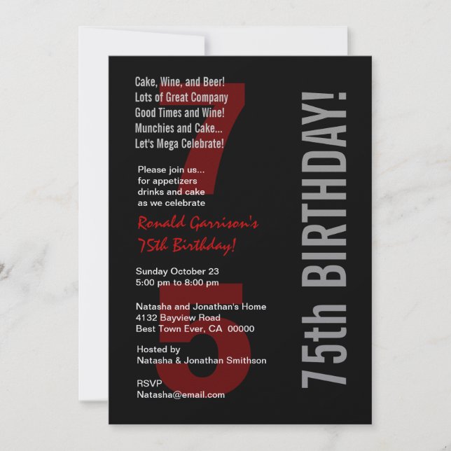 75th Modern Birthday Black White Red Metallic Invitation (Front)