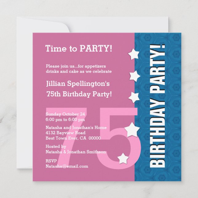 75th Modern Birthday Stars Funny A75A PINK Invitation (Front)