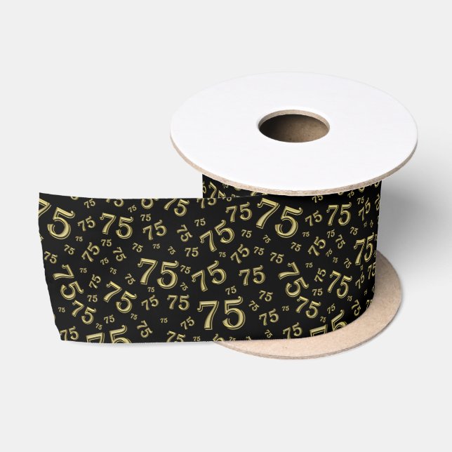 75th Modern Random Number Pattern Black/Gold Satin Ribbon (Spool)