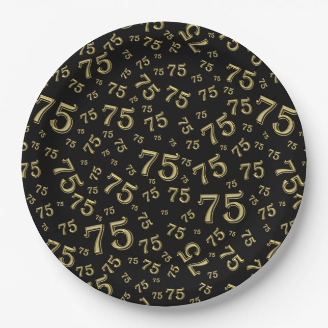 75th Party Random Number Pattern Black/Gold Paper Plate (Front)