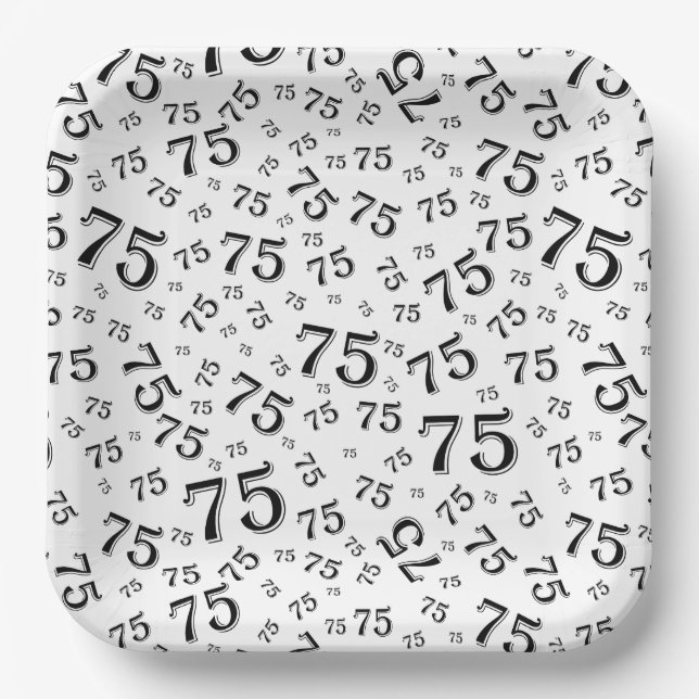 75th Party Random Number Pattern Black/White Paper Plate (Front)