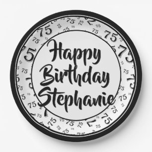 75th Party Random Number Pattern Black/White Paper Plate