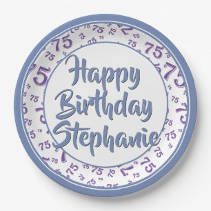 75th Party Random Number Pattern Blue/White Paper Plate