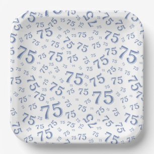 75th Party Random Number Pattern Blue/White Paper Plate