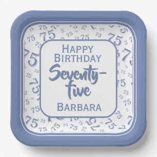 75th Party Random Number Pattern Blue/White Paper Plate