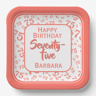 75th Party Random Number Pattern Coral/White Paper Plate