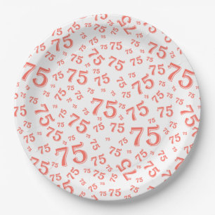 75th Party Random Number Pattern Coral/White Paper Plate
