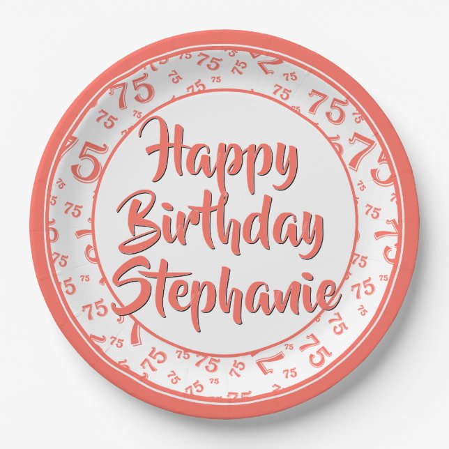 75th Party Random Number Pattern Coral/White Paper Plate (Front)