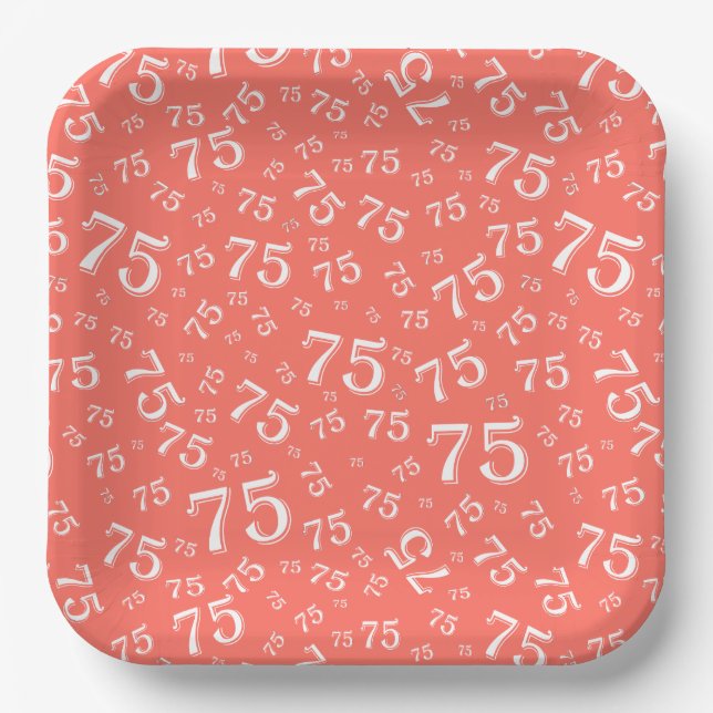 75th Party Random Number Pattern Coral/White Paper Plate (Front)