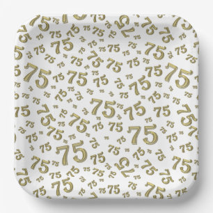75th Party Random Number Pattern Gold/White Paper Plate