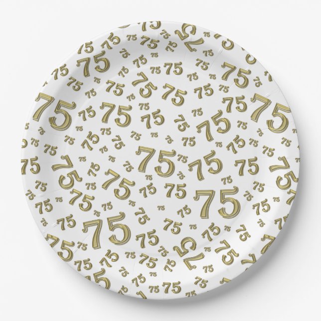 75th Party Random Number Pattern Gold/White Paper Plate (Front)