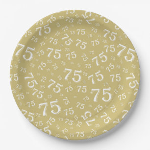 75th Party Random Number Pattern Gold/White Paper Plate
