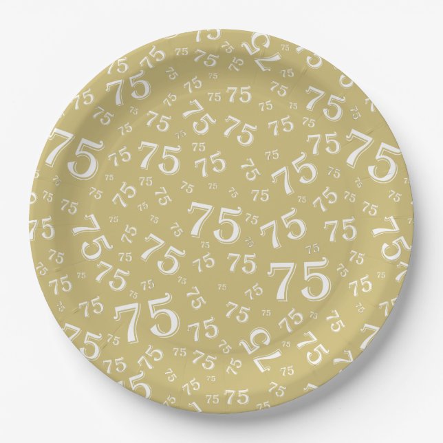 75th Party Random Number Pattern Gold/White Paper Plate (Front)