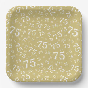 75th Party Random Number Pattern Gold/White Paper Plate