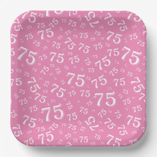 75th Party Random Number Pattern Pink/White Paper Plate