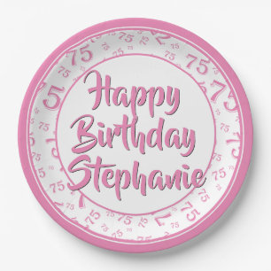 75th Party Random Number Pattern Pink/White Paper Plate