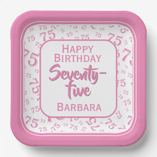 75th Party Random Number Pattern Pink/White Paper Plate