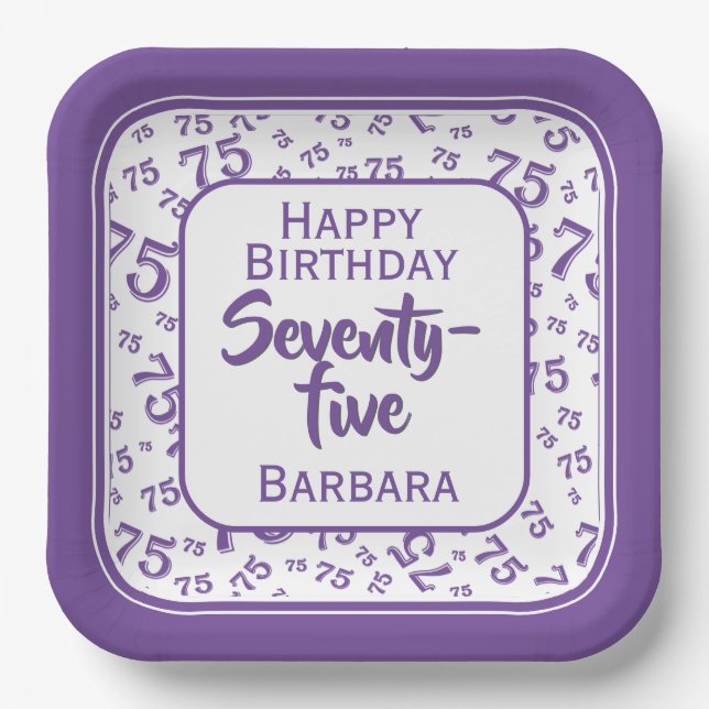 75th Party Random Number Pattern Purple/White Paper Plate (Front)