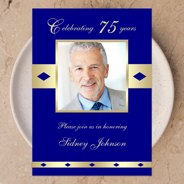 75th Photo Birthday Party Invitation Navy 75 (Creator Uploaded)