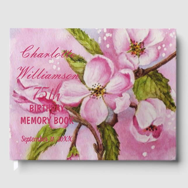 75th Pink Blossoms Floral Birthday Memory Guest Book (Front)