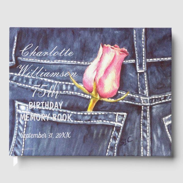 75th Pink Rose Floral Birthday Memory Guest Book (Front)